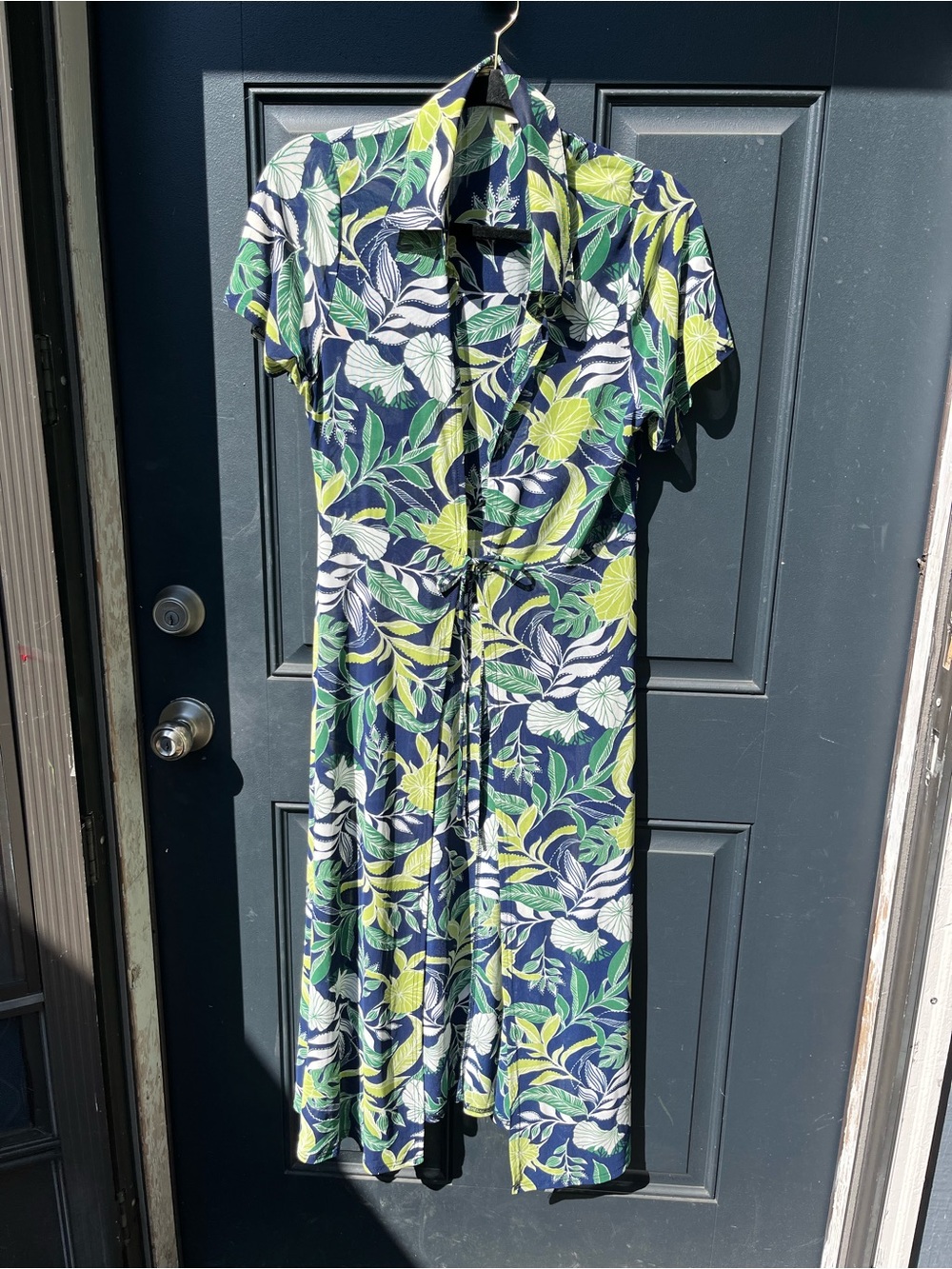 Navy Floral Tie-Waist Jumpsuit with Green Accents